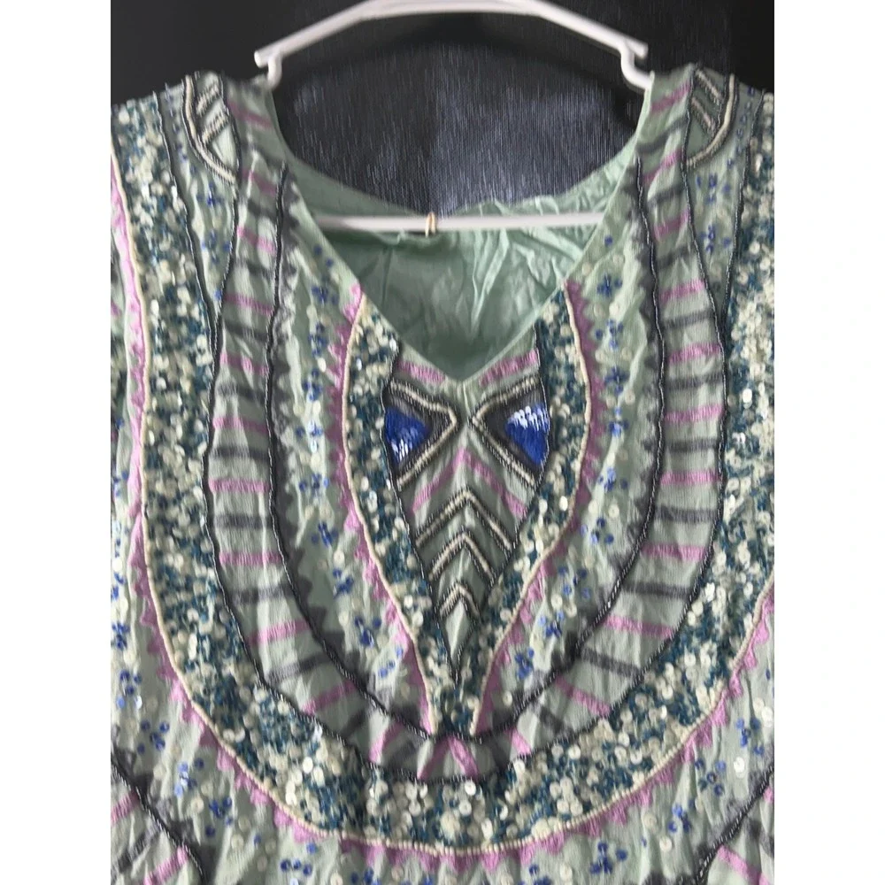 Antik Batik Mint Green Beaded Sequin Mini Dress V-Neck Boho Short Sleeve - Picture 9 of 12